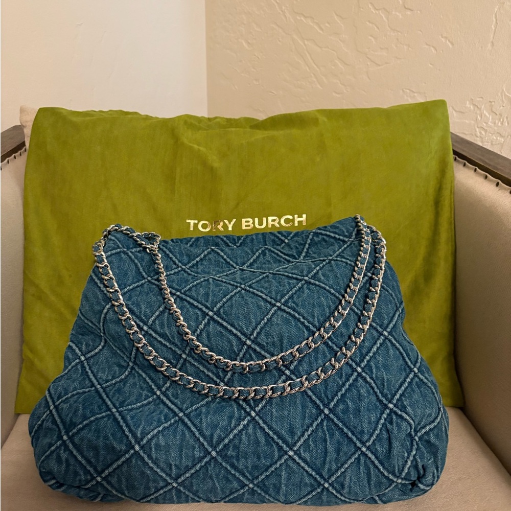 Tory Burch Fleming Soft Denim Hobo Bag, Silver hardware